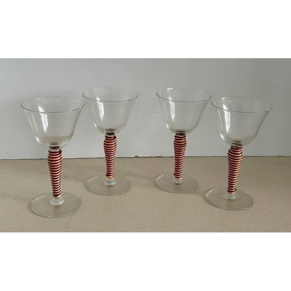MCM Champagne Coupes - Clear Glass w/Red & Yellow Striped Spiral‎ Rattan Wrapped